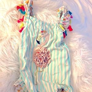 Flamingo Tassels And Ruffles Girls Swim Suit, Bathing Suit by Mud Pie EUC 👙